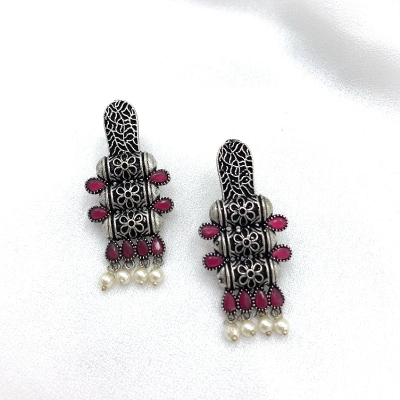 women’s custom earrings -charm pendant necklaces for women -Trendy Modern Oxidized Silver Earring With Ruby red stones