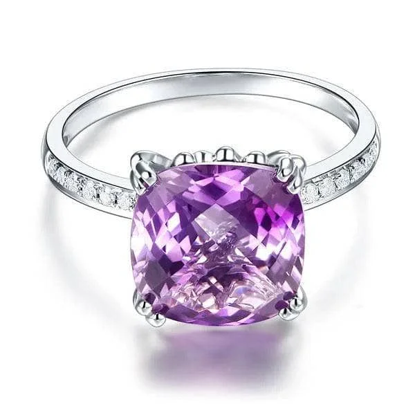 diamond engagement rings for women -gold necklaces for women -14K White Gold Purple Cushion Amethyst Natural Diamond