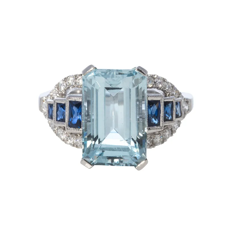 women’s rings -women’s necklaces -Aquamarine, Sapphire & Diamond 18K White Gold Ring