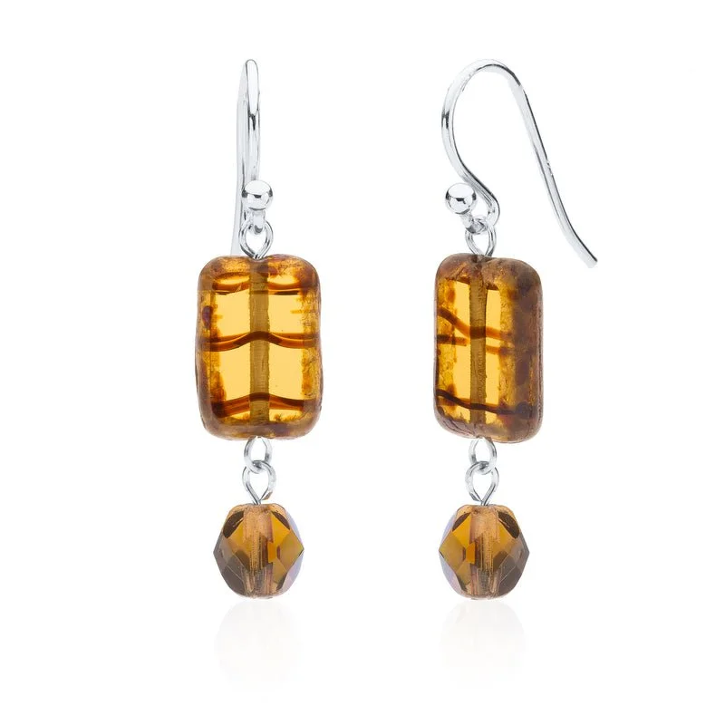 gemstone stud earrings -crystal necklaces for women -Amber Tortoise Glass Beaded Crystal Dangle Earrings