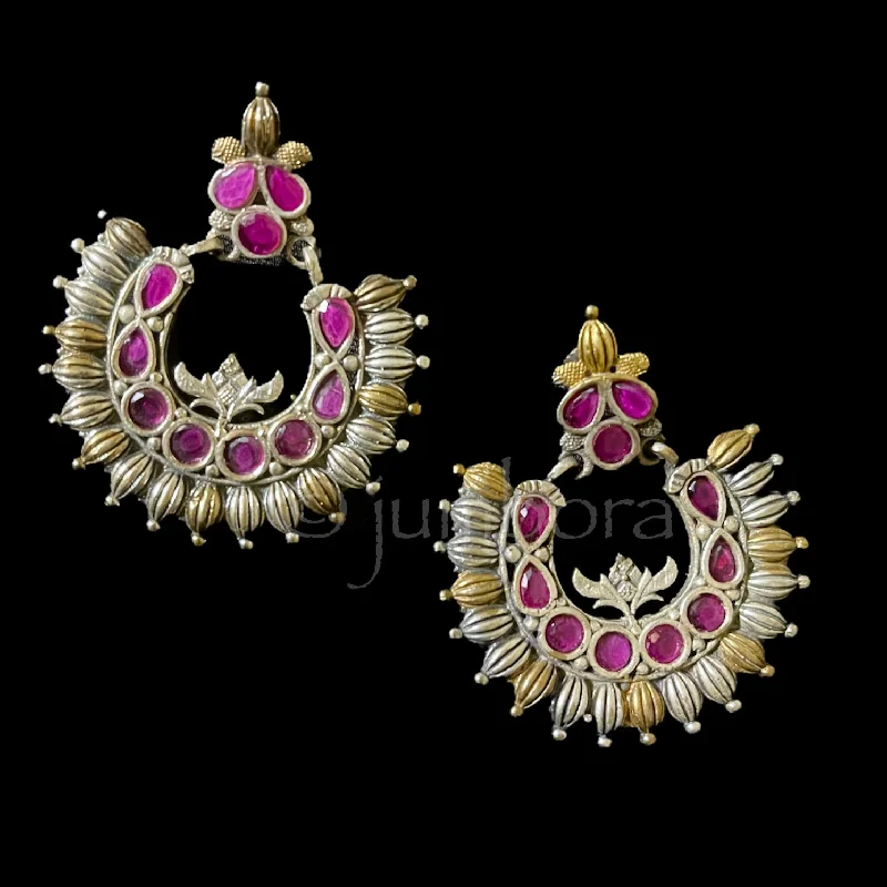 trendy stud earrings for women -vintage necklaces for women -Oxidized German Silver Chandbali Earring with Ruby Red