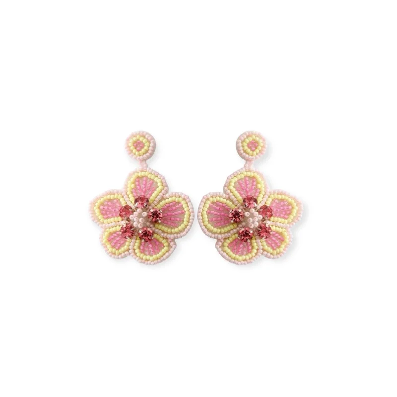 diamond earrings for women -gold necklaces for women -Pink Flower Beaded Vacation Drop Earrings, SALE