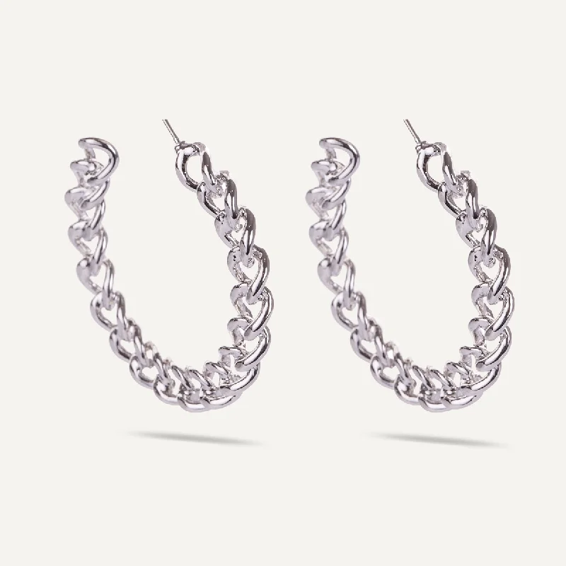 women’s bold earrings -women’s layered gold necklaces -Eternal Narrow Curb Chain Hoop Earrings In Silver-Tone