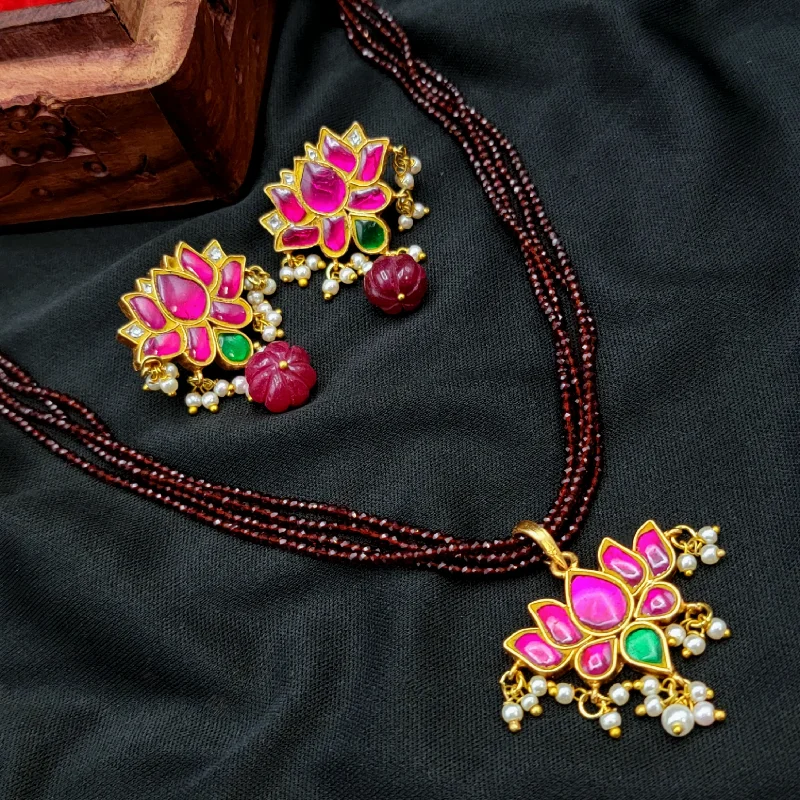 romantic earrings for women -silver pendant necklaces for women -Lotus Jadau Kundan Pendant & Earring set