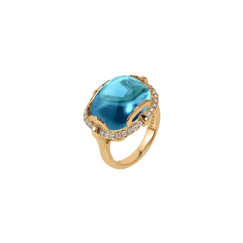 custom gold rings -luxury gold necklaces for women -Goshwara Cushion Cabochon Blue Topaz 18K Gold Ring