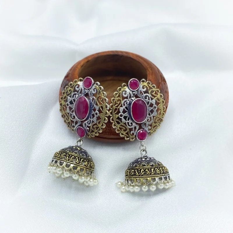 silver hoop earrings for women -luxury necklaces for women -Charming Dual Tone Oxidized Silver Jhumka Earring with ruby red stone