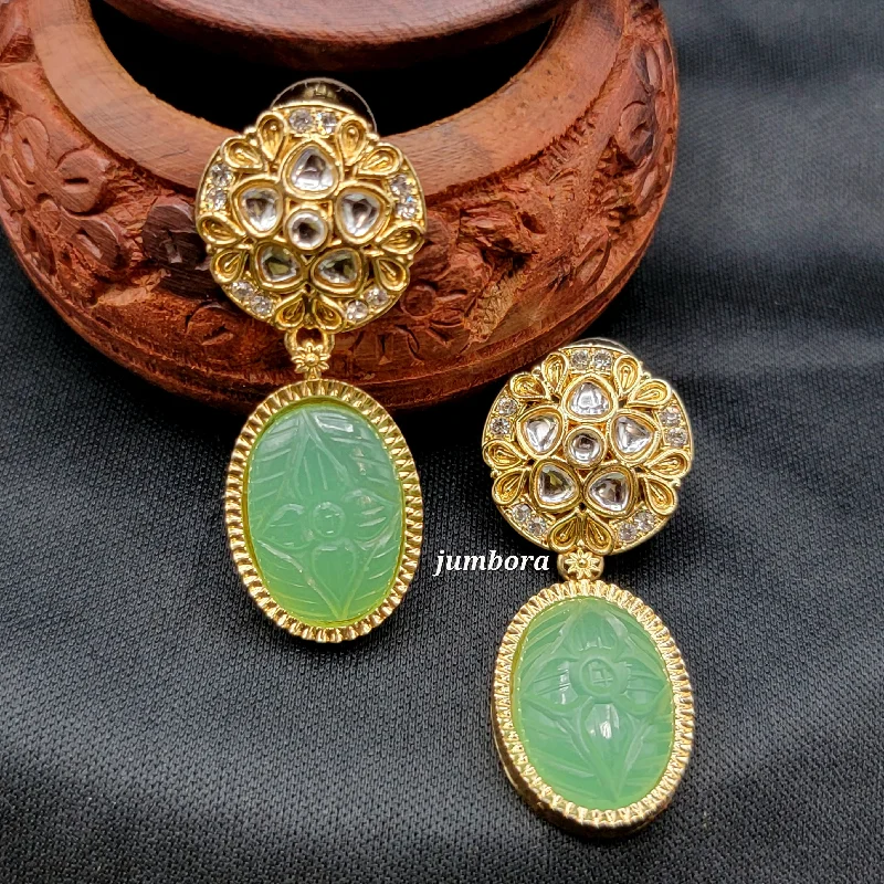 cute earrings for women -luxury pendant necklaces for women -Kundan Mint Green Carved Stone Earring