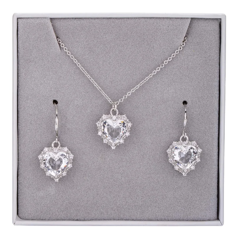 diamond earrings for women -gold necklaces for women -Cubic Zirconia Heart Pendant Necklace & Earrings Boxed Set Clear & In Silver-Tone