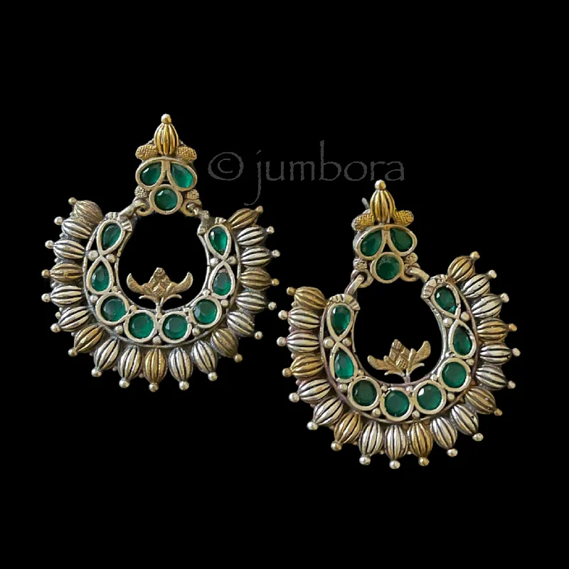 gold earrings for women -silver necklaces for women -Oxidized German Silver Chandbali Earring in Emerald Green