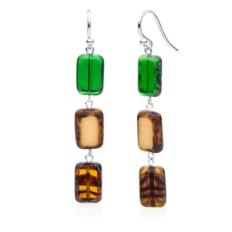 gold-plated earrings for women -birthday gift necklaces for women -Emerald Forest Mix Glass Rectangle Beaded Drop Earrings