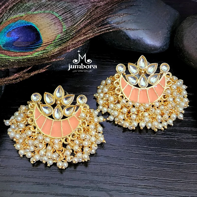 affordable earrings for women -unique necklaces for women -Peach Handpainted Meenakari Kundan Earrings with Pearls