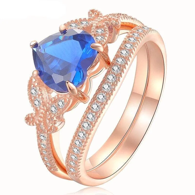 vintage style engagement rings -dainty necklaces for women -2.2ct Rose Gold Blue Heart Created Diamond Ring Set