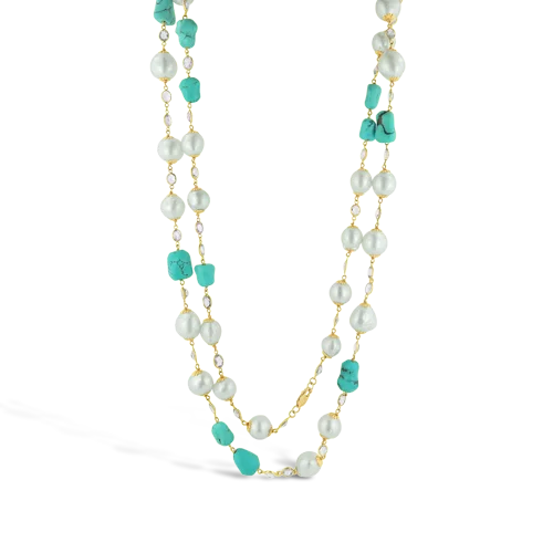 sparkling crystal necklaces for women -minimalist gold necklaces for women -Turquoise, Pearl & White Sapphire Necklace