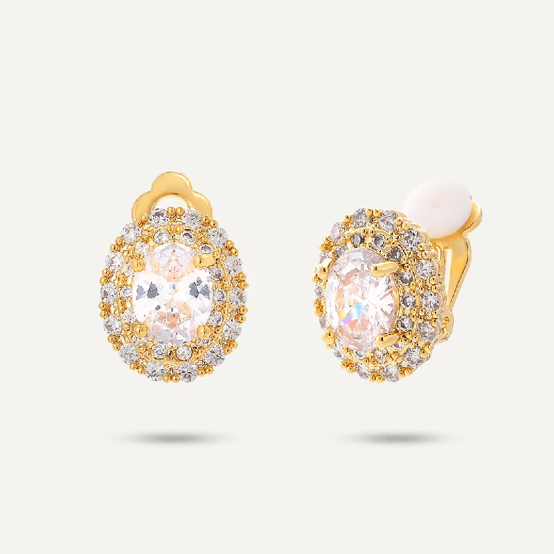 trendy earrings for parties -women’s sparkling necklaces -Oval Crystal and Cubic Zirconia Clip On Earrings In Gold-Tone