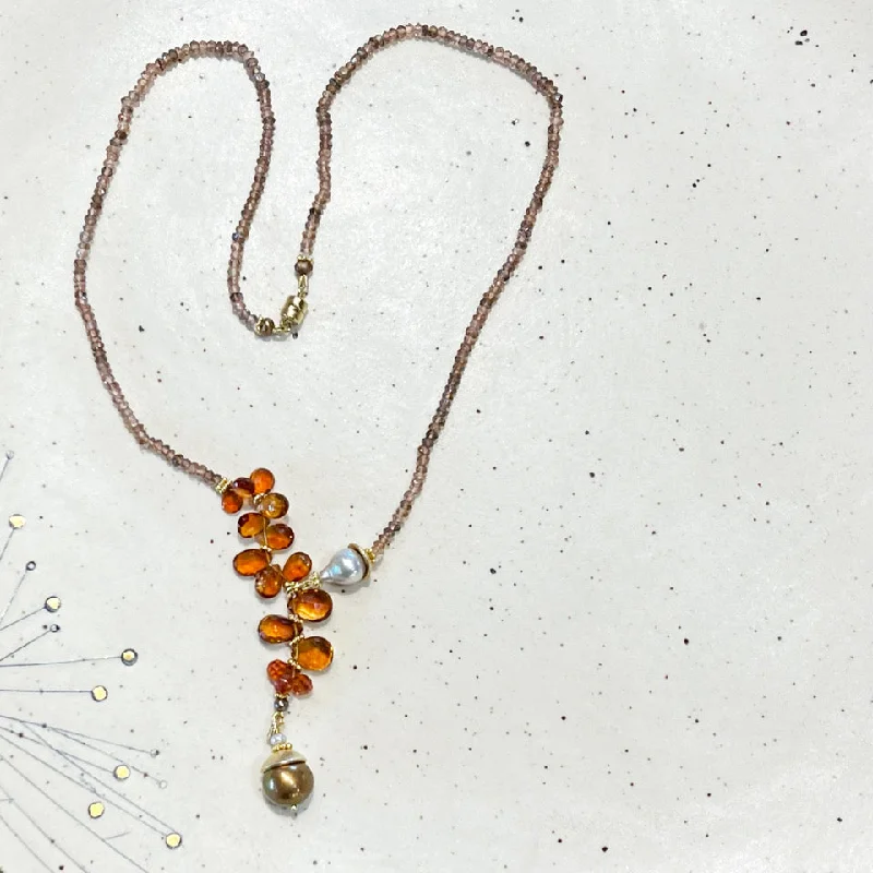 symbolic necklaces for women -women’s crystal charm necklaces -MA-717 Andalucite Bead Necklace, Citrine Briolettes, Brown Fresh Water Pearls, Baroque Pearl