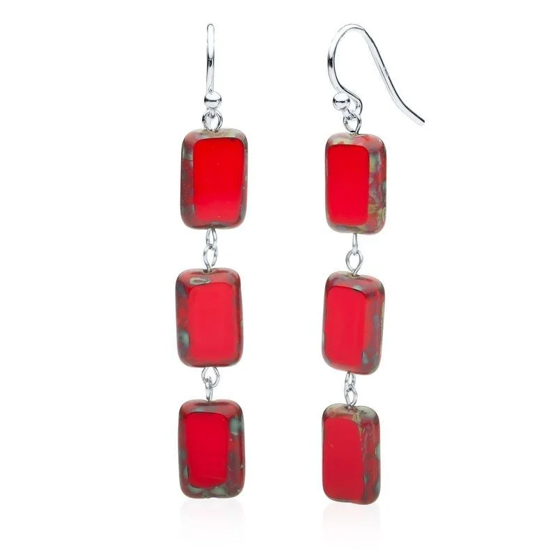 statement earrings with pearls -hand-crafted gold necklaces for women -Red Glass Rectangle Beaded Drop Earrings