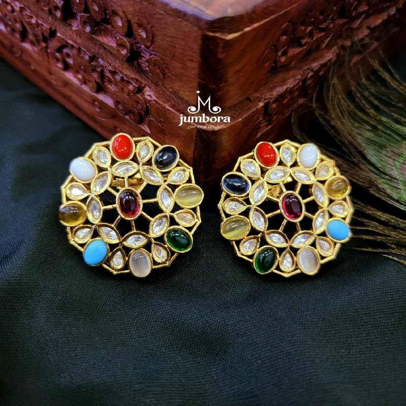 statement earrings for women -elegant necklaces for women -Navaratna Big Stud Kundan Earring