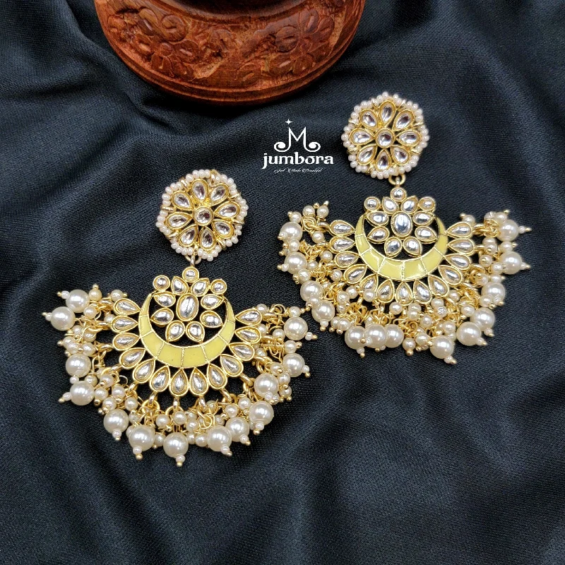 bold earrings for women -contemporary necklaces for women -Yellow Handpainted Kundan Meenakari Pearl Earrings