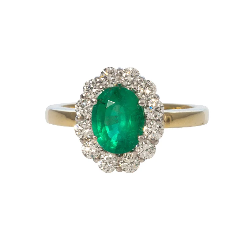 gemstone statement rings -contemporary necklaces for women -Oval Emerald & Diamond Cluster 18K Two Tone Gold Ring