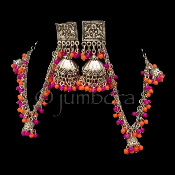 chic earrings for women -gemstone pendant necklaces for women -Multicolor Oxidized Silver Jhumka Earrings with Earchain