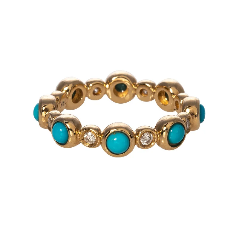 trendy rings for women -elegant necklaces for women -Turquoise & Diamond 14K Yellow Gold Eternity Band