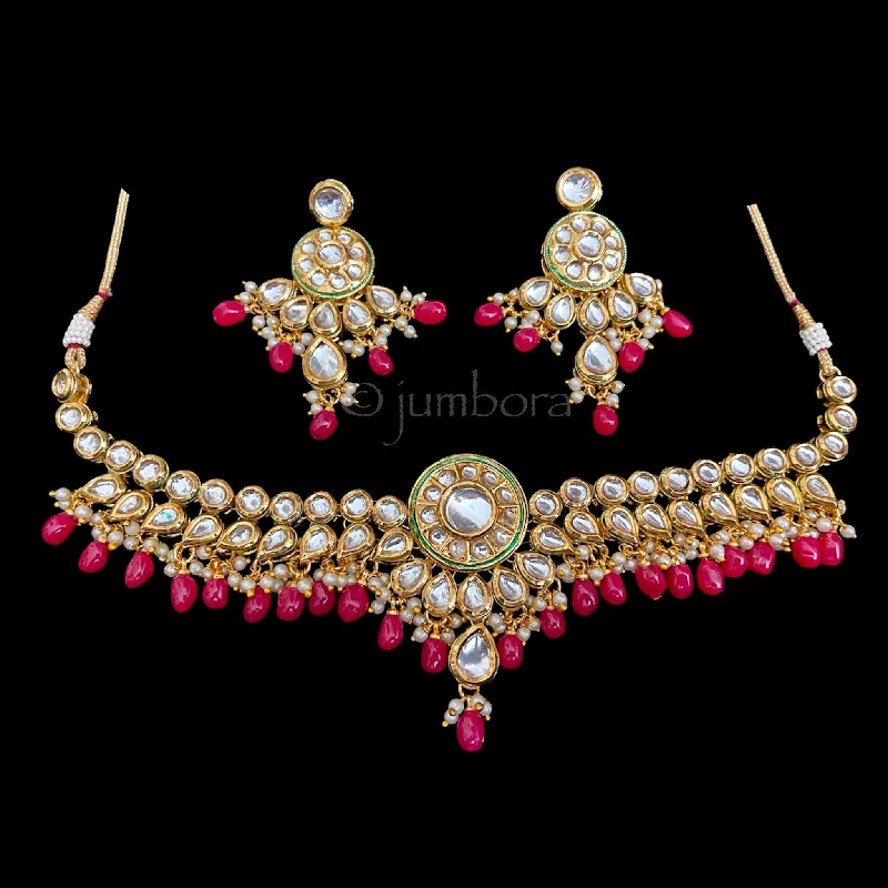 crystal stud earrings -women’s crystal charm necklaces -Kundan Choker-Style Necklace with Earrings