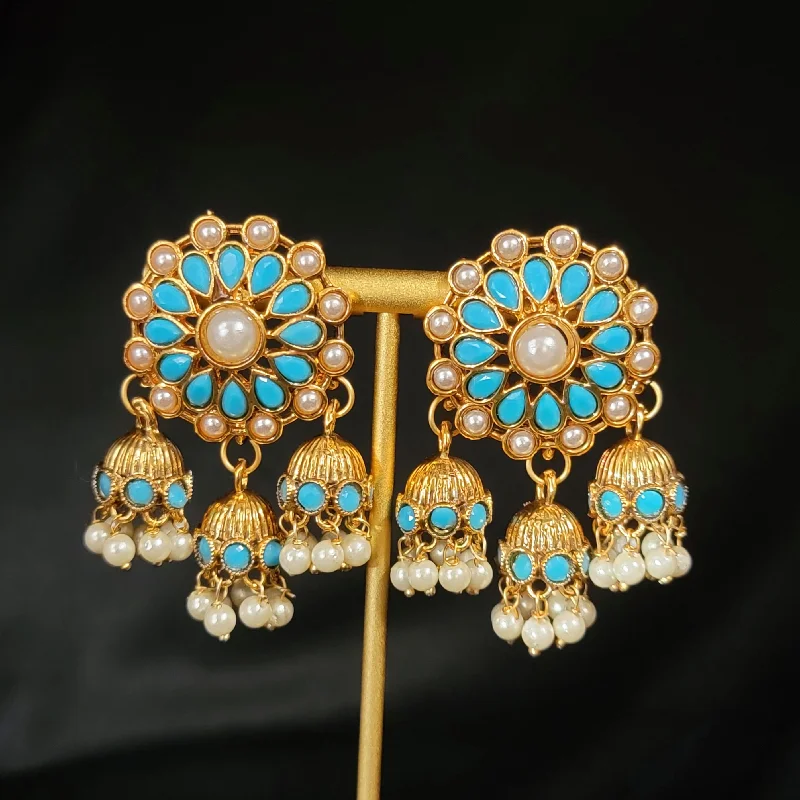 classic gold hoop earrings -vintage style necklaces for women -Turquoise Blue Stone Triple Jhumka Chaandbali Earring