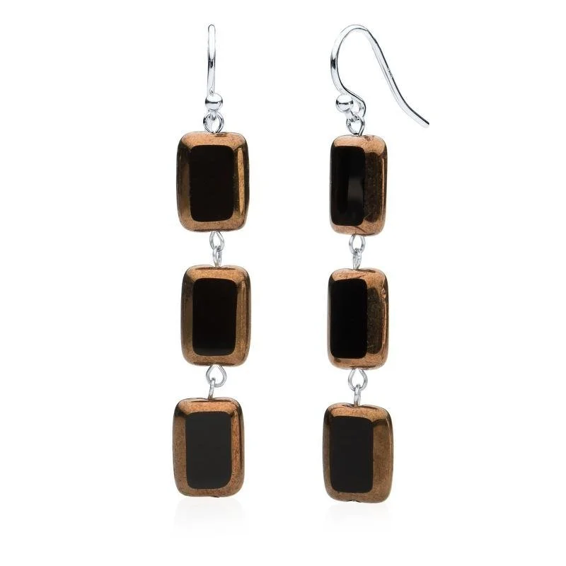 crystal drop earrings -women’s elegant silver necklaces -Copper Black Glass Rectangle Beaded Drop Earrings