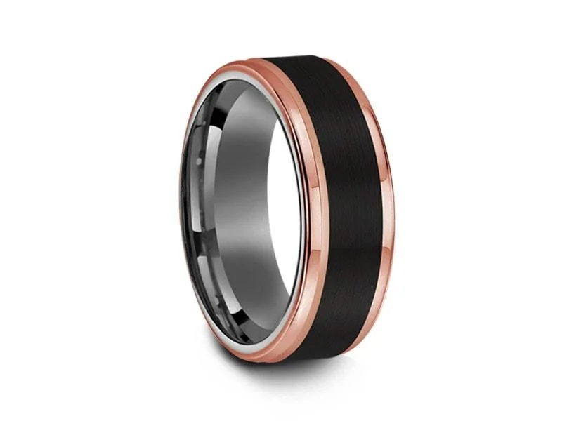 sapphire rings for women -heart-shaped necklaces for women -8MM BRUSHED BLACK TUNGSTEN WEDDING BAND ROSE GOLD EDGES AND GRAY GUNMETAL INTERIOR