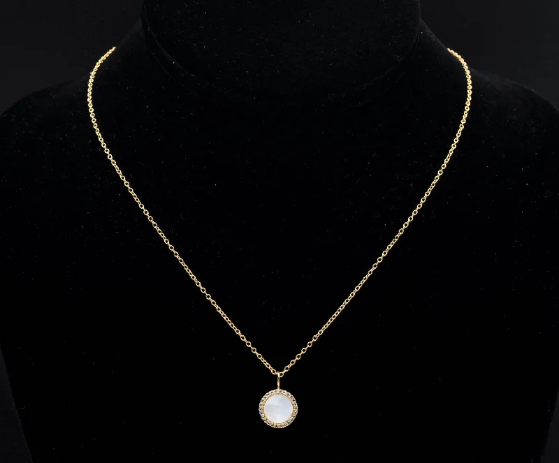 vintage gold necklaces for women -wedding gift necklaces for women -Gold Tone Sterling Silver Mother of Pearl and Topaz Pendant Necklace - 16.25"