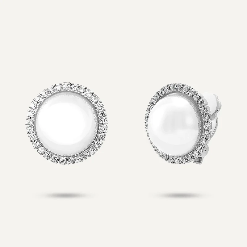 bridal earrings for women -modern necklaces for women -Faux Pearl & Cubic Zirconia Clip On Earrings In Silver-Tone