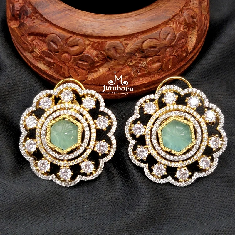 trendy dangling earrings -women’s engagement necklaces -Mint Green Carved Stone AD Zircon Big Stud Earring