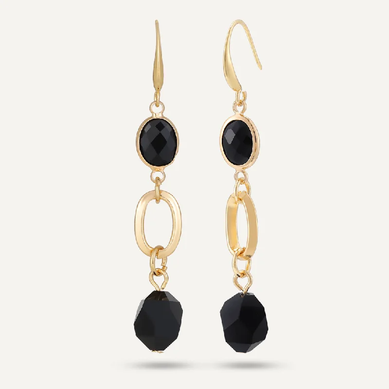 bridal earrings for women -modern necklaces for women -Black Crystal Drop Earrings In Gold-Tone