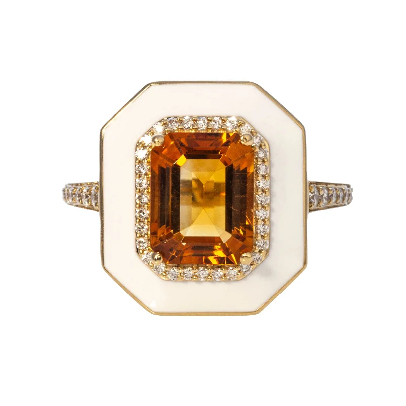 rose gold wedding rings -handcrafted necklaces for women -Goshwara Emerald-Cut Citrine & White Enamel 18K Gold Ring