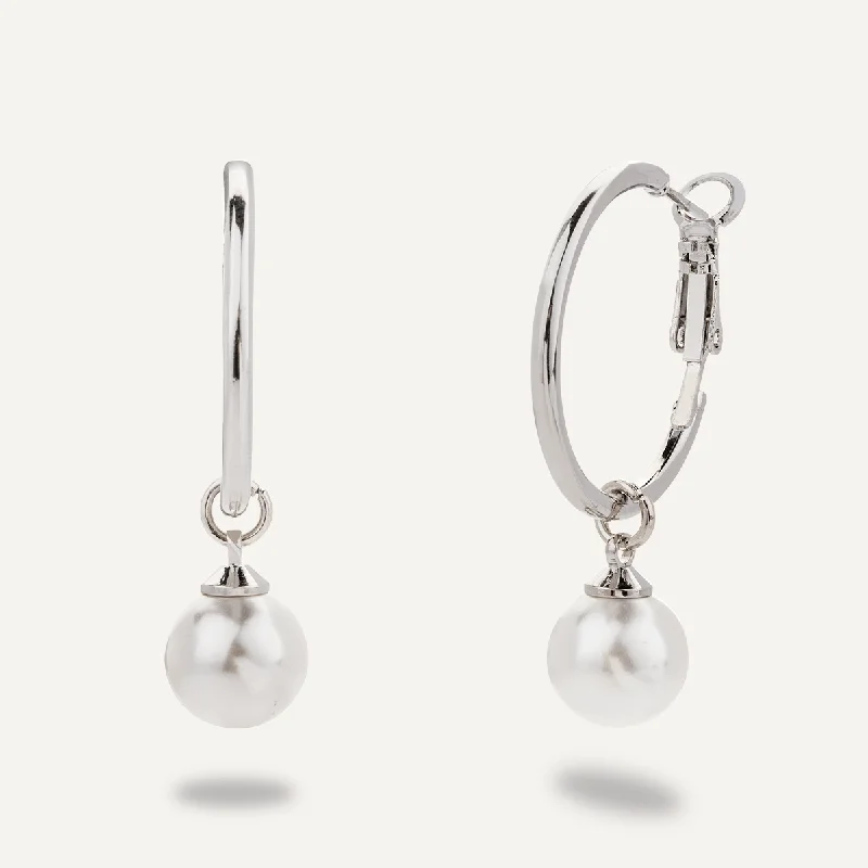 gemstone earrings for women -statement necklaces for women -Classic Pearl Lever Hoop Earrings In Silver-Tone