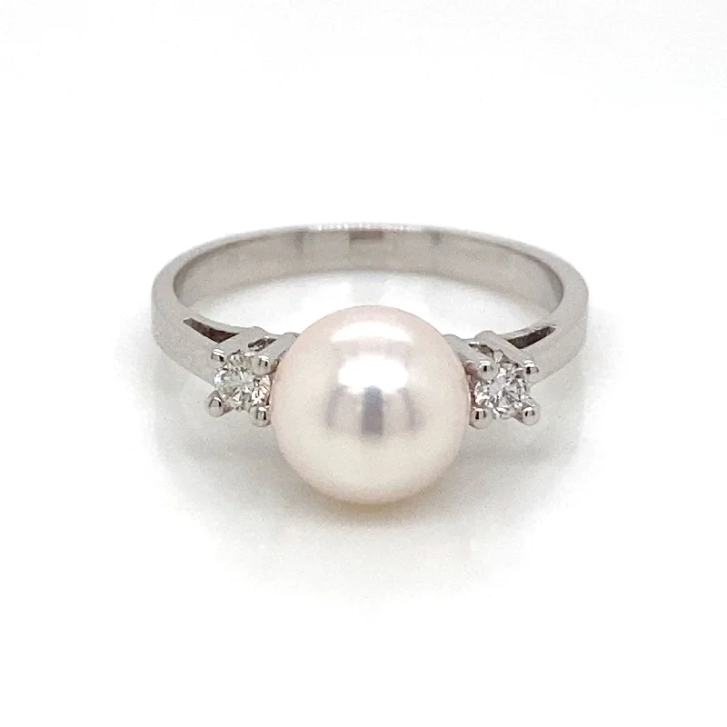 handmade rings for women -unique charm necklaces for women -8mm Cultured Pearl & Diamond 14K White Gold Ring