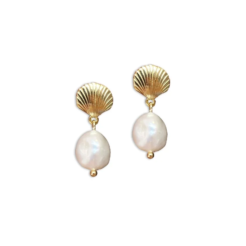 trendy stud earrings for women -vintage necklaces for women -Scallop Shell Pearl Drop Earrings