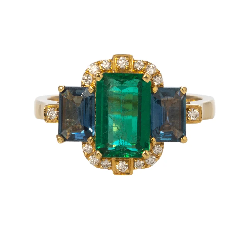 stackable rings for women -custom necklaces for women -Goshwara 3 Stone Emerald & Sapphire 18K Gold Ring