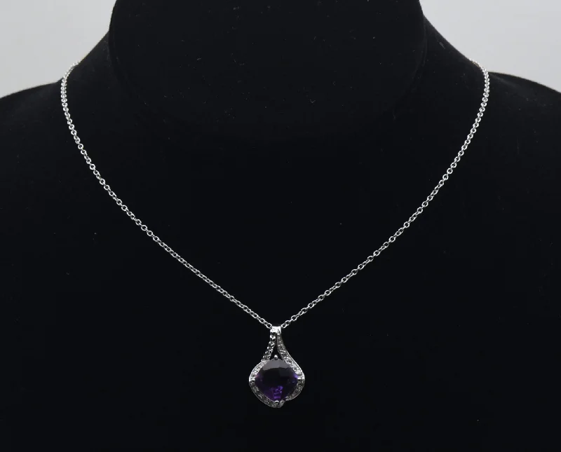 hand-crafted gold necklaces for women -sparkling crystal necklaces for women -Vintage Amethyst and Rock Crystal Sterling Silver Pendant on Sterling Chain Necklace - 18"