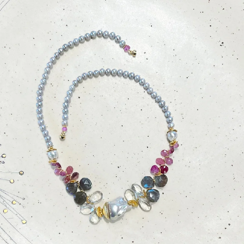 sapphire necklaces for women -sapphire necklaces for women -Gray Fresh Water Pearl, Multi Color Sapphire & Gray Baroque Pearl Necklace