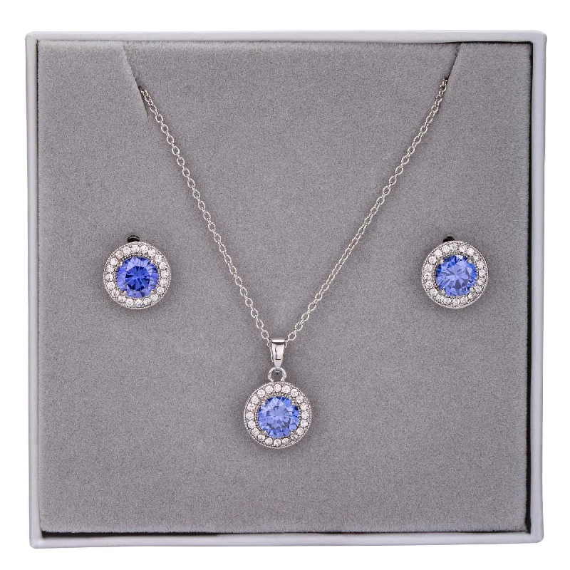 women’s earrings -women’s necklaces -Cubic Zirconia Circle Pendant Necklace & Earrings Boxed Set Blue & In Silver-Tone