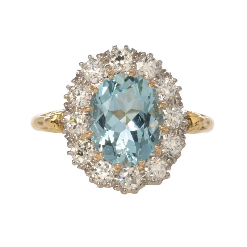 adjustable rings for women -stacked necklaces for women -Victorian Style 2.25ct Oval Aquamarine & Diamond Cluster Ring