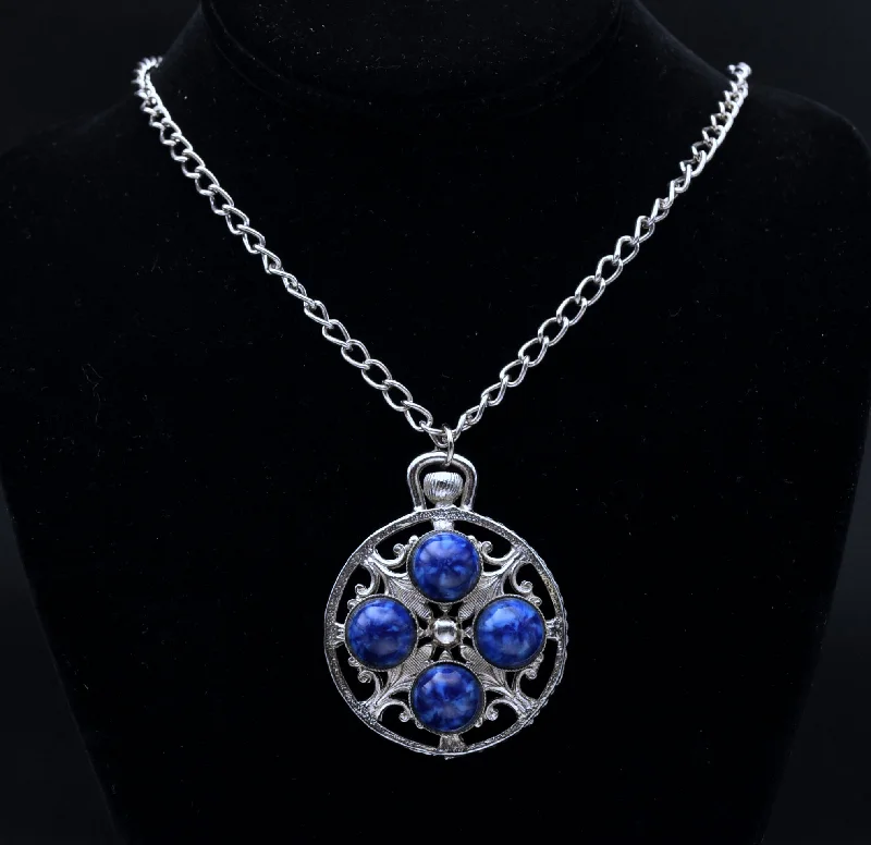 high-end necklaces for women -diamond heart necklaces for women -Vintage Faux Lapis Lazuli Silver Tone Pendant Chain Necklace - 20.5"