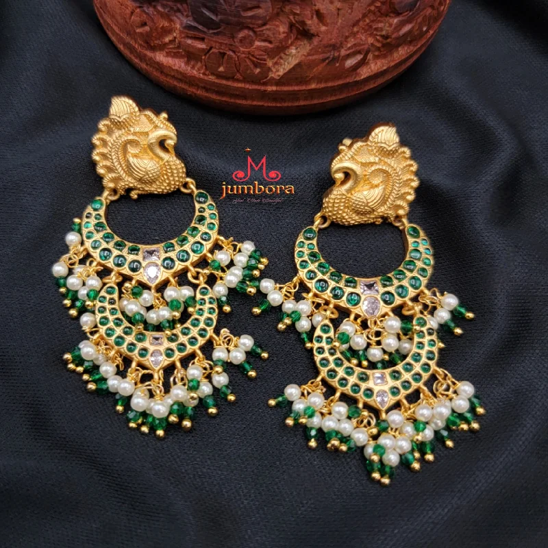 affordable earrings for women -unique necklaces for women -Peacock Green Kemp Double Chaandbali Earring