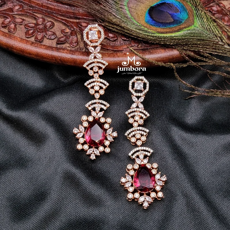 silver dangling earrings -gold pendant necklaces for women -Rosegold Burgandy Red & White AD Zircon Earring