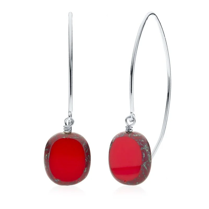 gold drop earrings for women -sterling silver necklaces for women -Red Glass Oval Drop Sterling Silver Wishbone Earrings