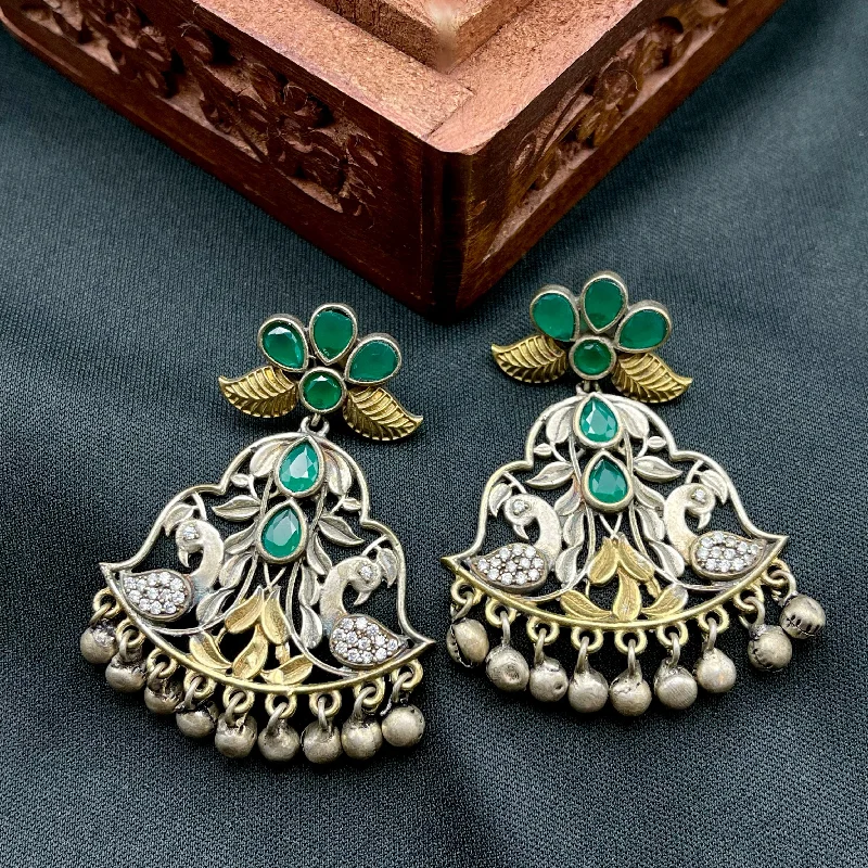 women’s large stud earrings -luxury fashion necklaces for women -Peacock Green and White Oxidized Silver Alike Earring