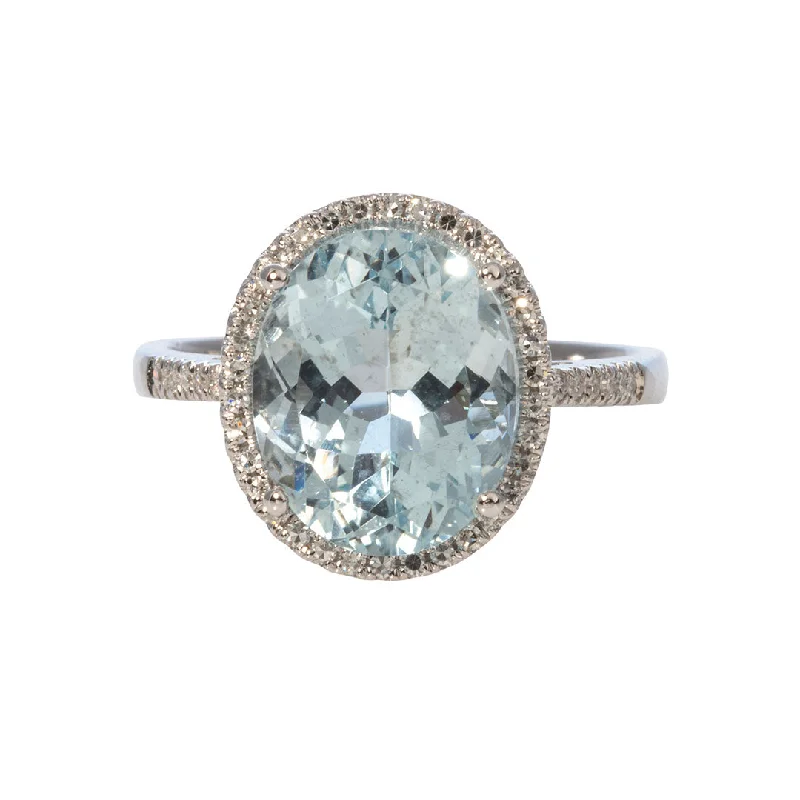 bold rings for women -high-end necklaces for women -2.93ct Oval Aquamarine & Diamond Halo 14K White Gold Ring