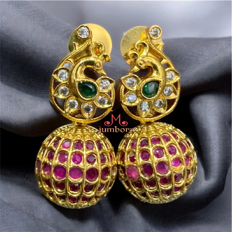 statement earrings with pearls -hand-crafted gold necklaces for women -Peacock Gold Finish Ruby Red & Green AD stone Earring